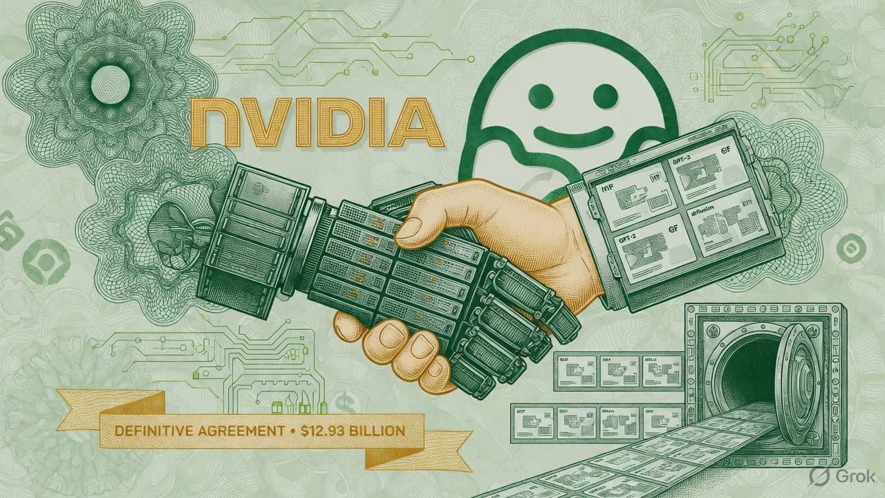 Engraved NVIDIA mark embracing a Hugging Face emoji-style symbol over a $12.93B plate, security-intaglio green-amber linework. No currency-note layout.