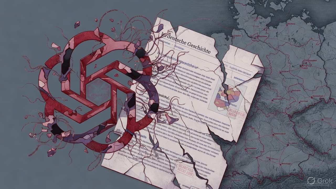 Engraved OpenAI blossom over a cracked wiki page and a German-map plate, security-intaglio slate-crimson linework. No currency-note layout.
