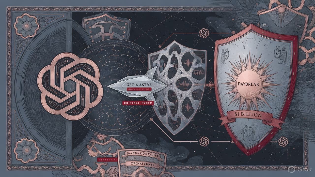 Engraved OpenAI blossom over an Astra starfield plate and a Daybreak $1B defenders shield, security-intaglio slate-crimson linework. No currency-note layout.