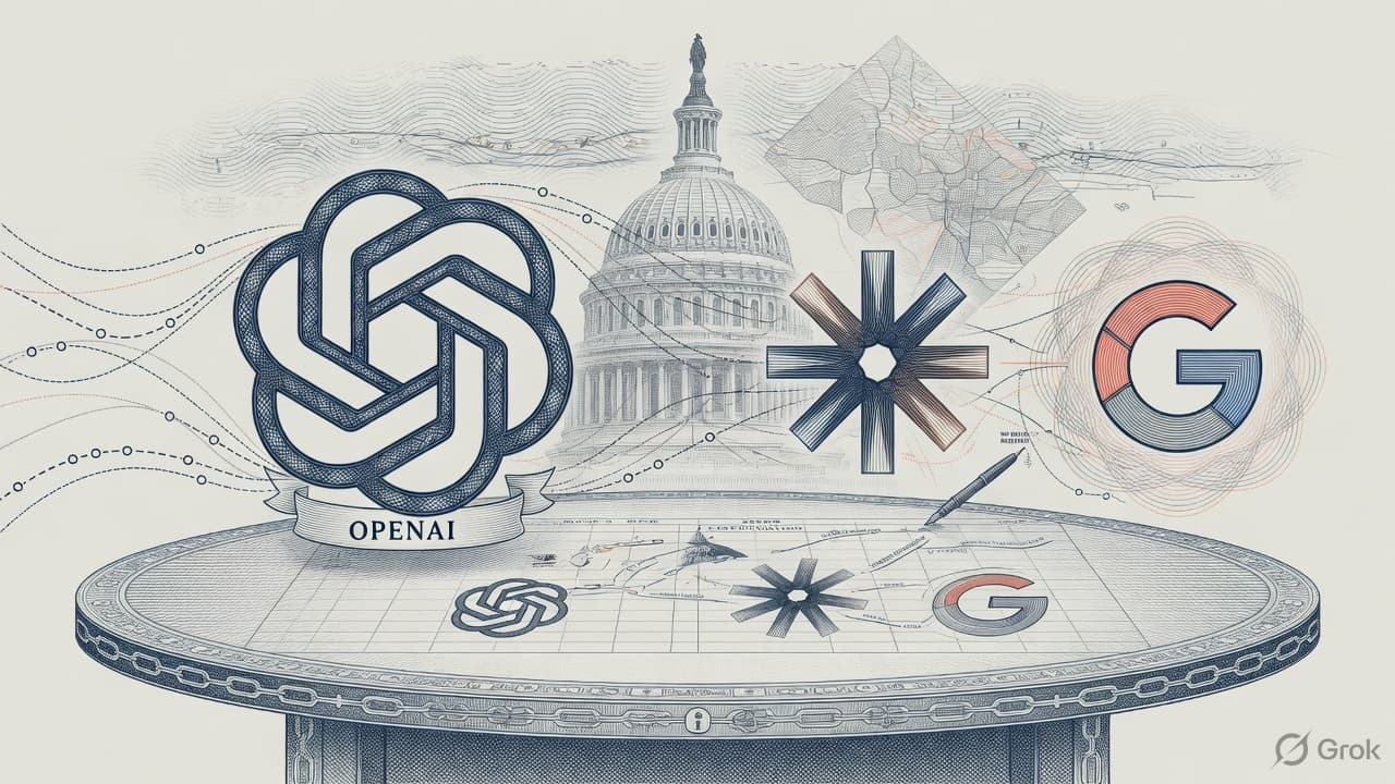Engraved OpenAI, Anthropic, and Google marks over a Capitol dome and a safety-talks ledger, security-intaglio slate-terracotta linework. No named likeness. No currency-note layout.