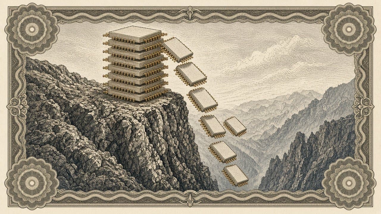 A stack of plain chips with gold pins stands on a clifftop as chips peel off the top and tumble one after another into the gorge below.
