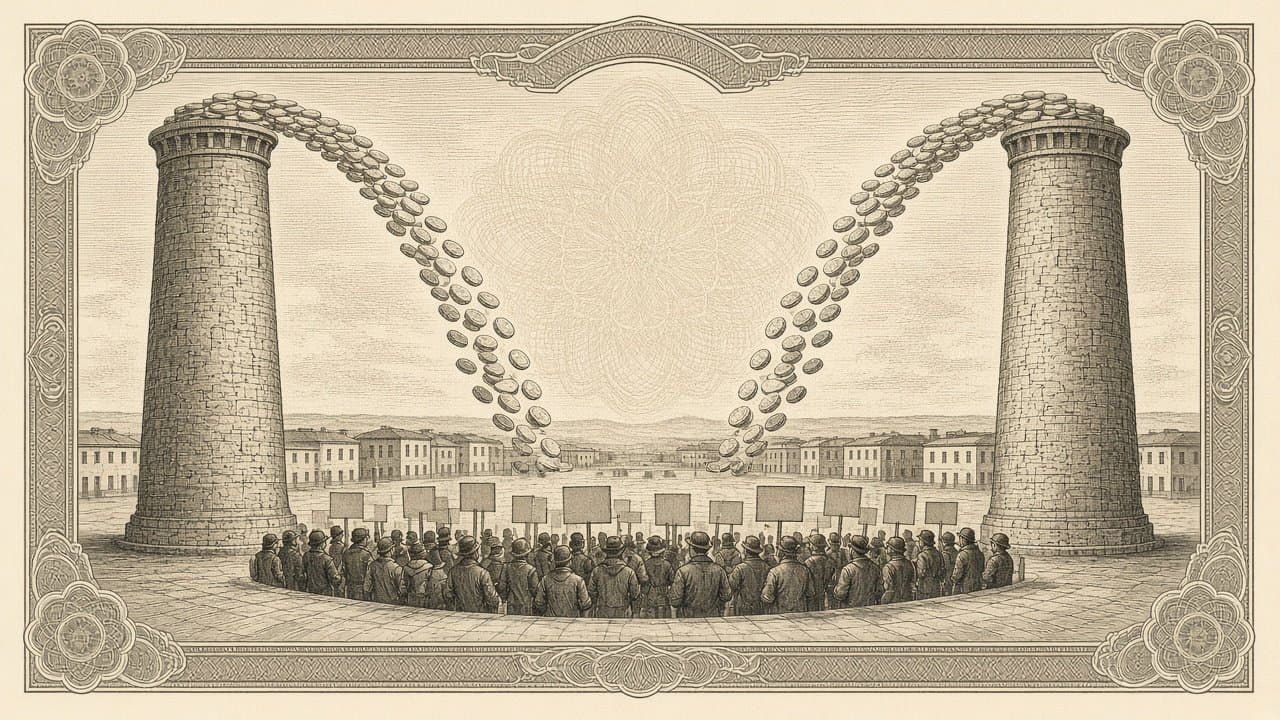 Two identical towers pouring equal streams of plain coins toward a town square crowd holding blank placards.