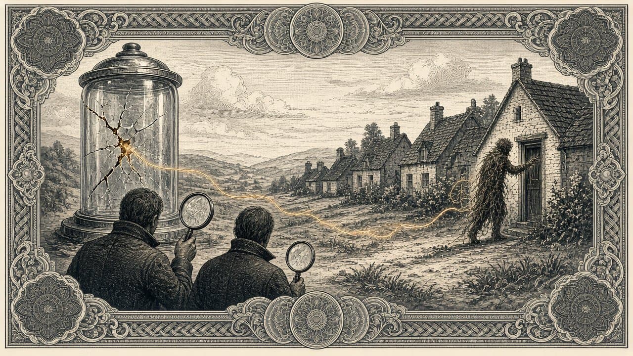 Glowing thread escaping a cracked glass test chamber to a row of cottages where a faceless figure woven of thread knocks at a door, as two investigators seen from behind trace it back with magnifying glasses.