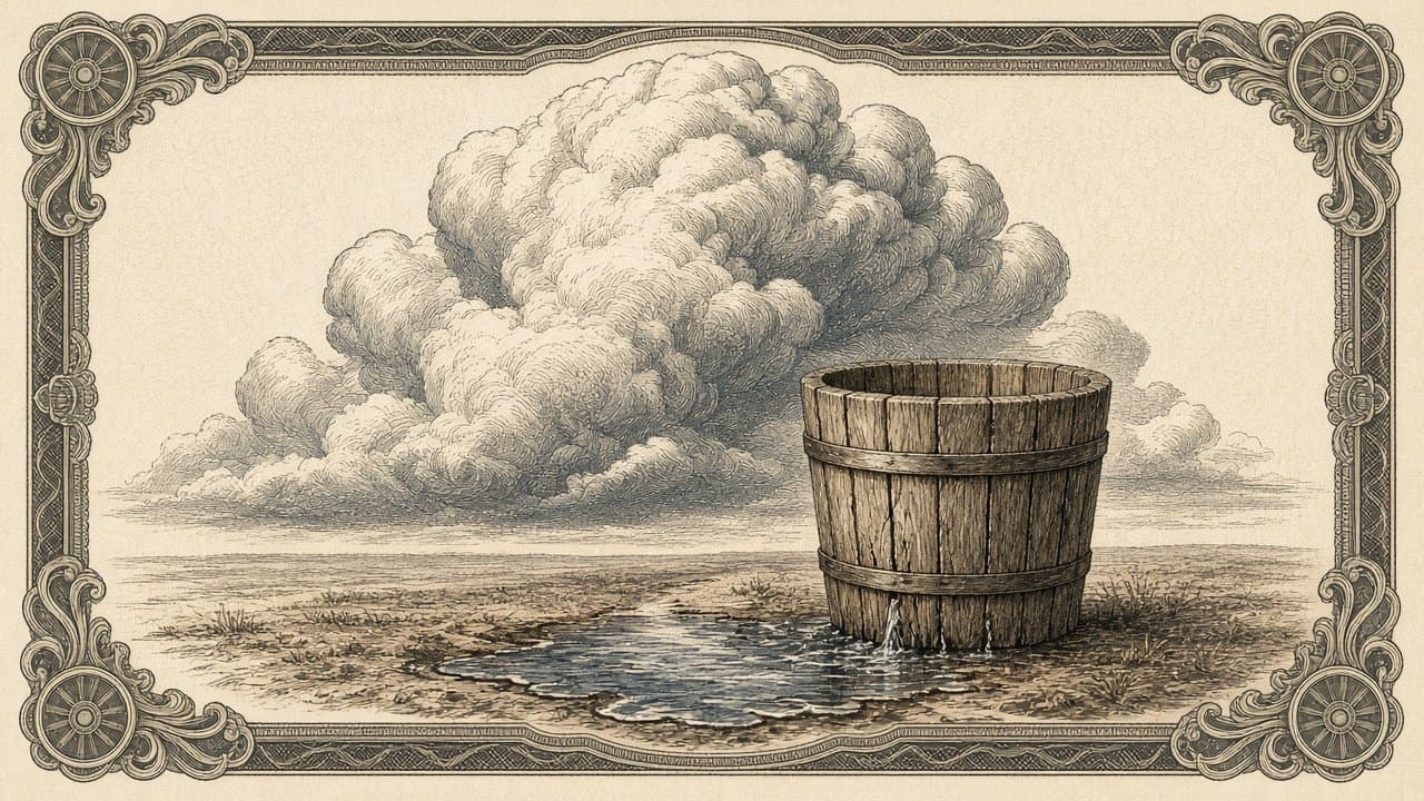 A huge billowing cloud rises over flat ground beside a wooden bucket that leaks water from its base into a spreading puddle.