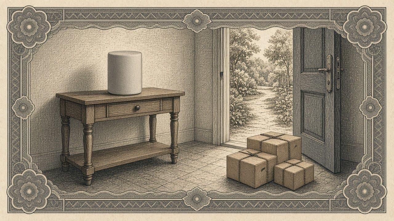 A plain cylindrical speaker sits on a wooden hall table beside string-tied parcels near a front door open to a garden path.