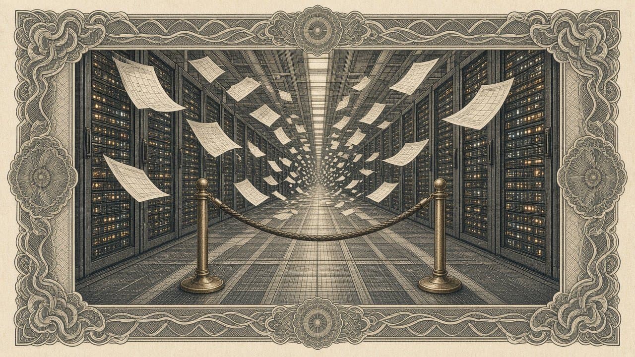 Endless data-centre aisle of fully lit server racks with a velvet rope across it, blank calendar pages fluttering into the distance.