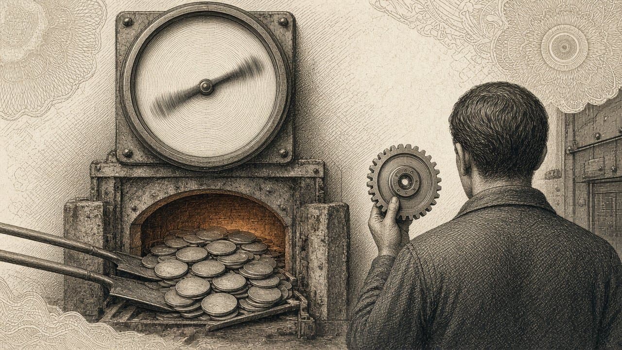 A blank gauge with a wildly spinning needle above a furnace being fed plain discs by shovels, while an engineer seen from behind holds up a finished gear.