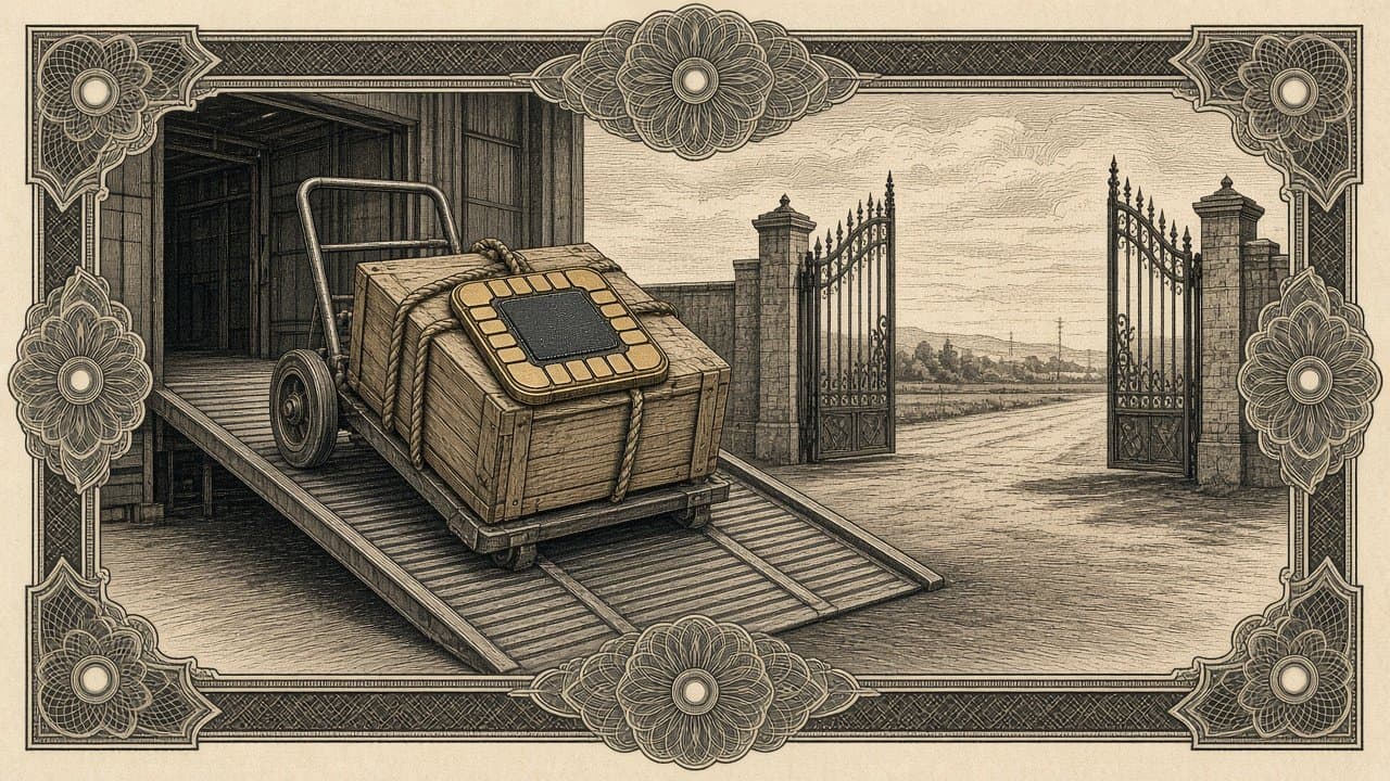 A bare computer chip is roped onto a wooden crate on a hand trolley, rolling down a loading-dock ramp toward an open iron gate and a country road.