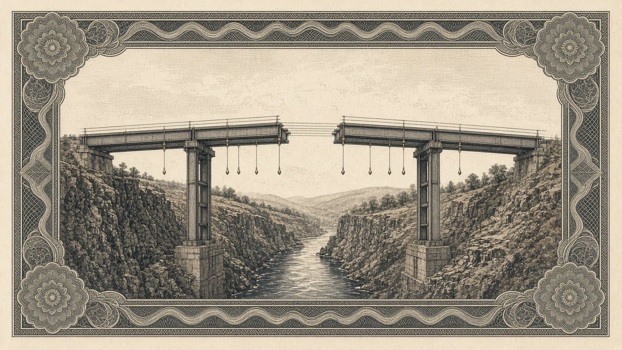 Two halves of a steel girder bridge reach toward each other across a river gorge, taut lines strung between them and plumb bobs hanging from the beams.