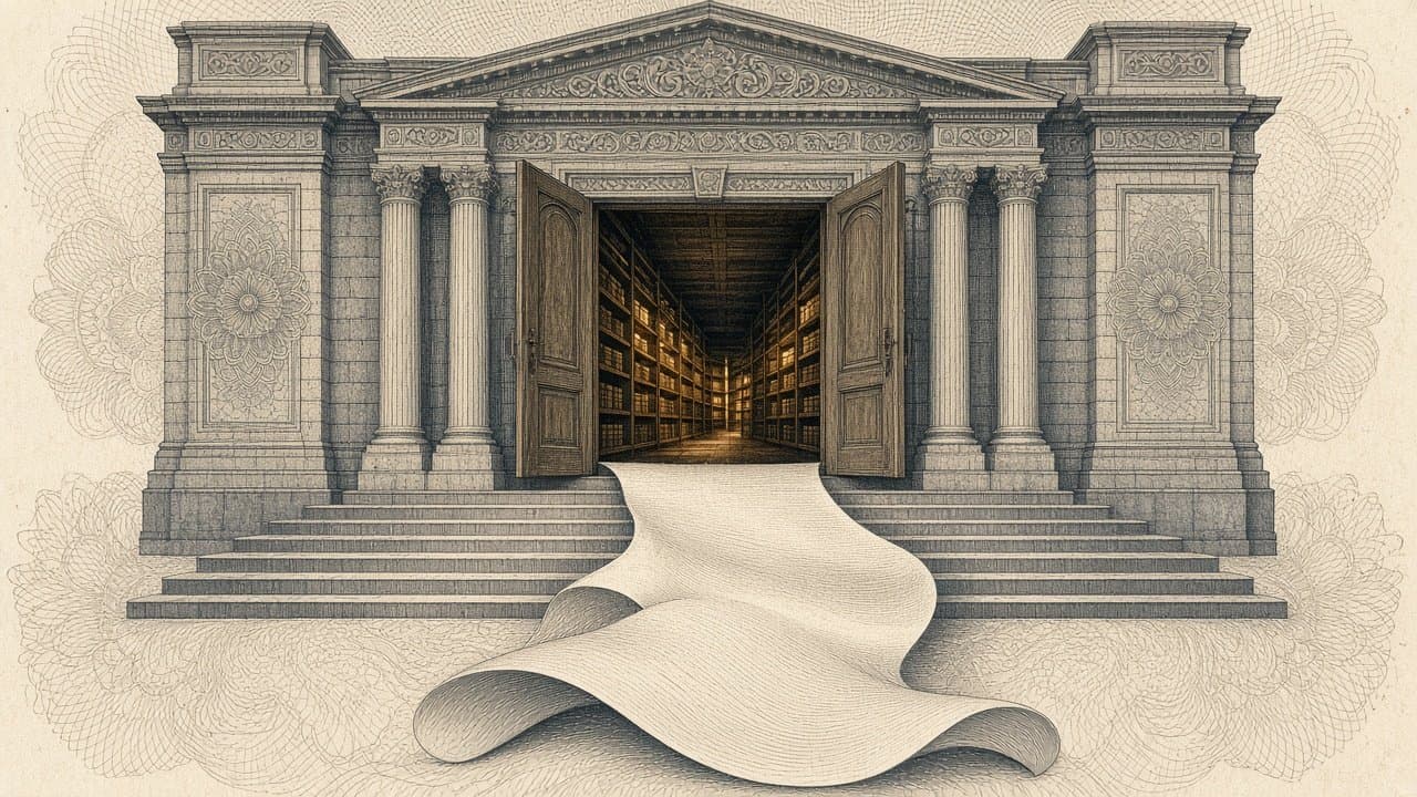 A grand library with its doors flung open onto lit shelf corridors and a long blank scroll unrolling down the steps.