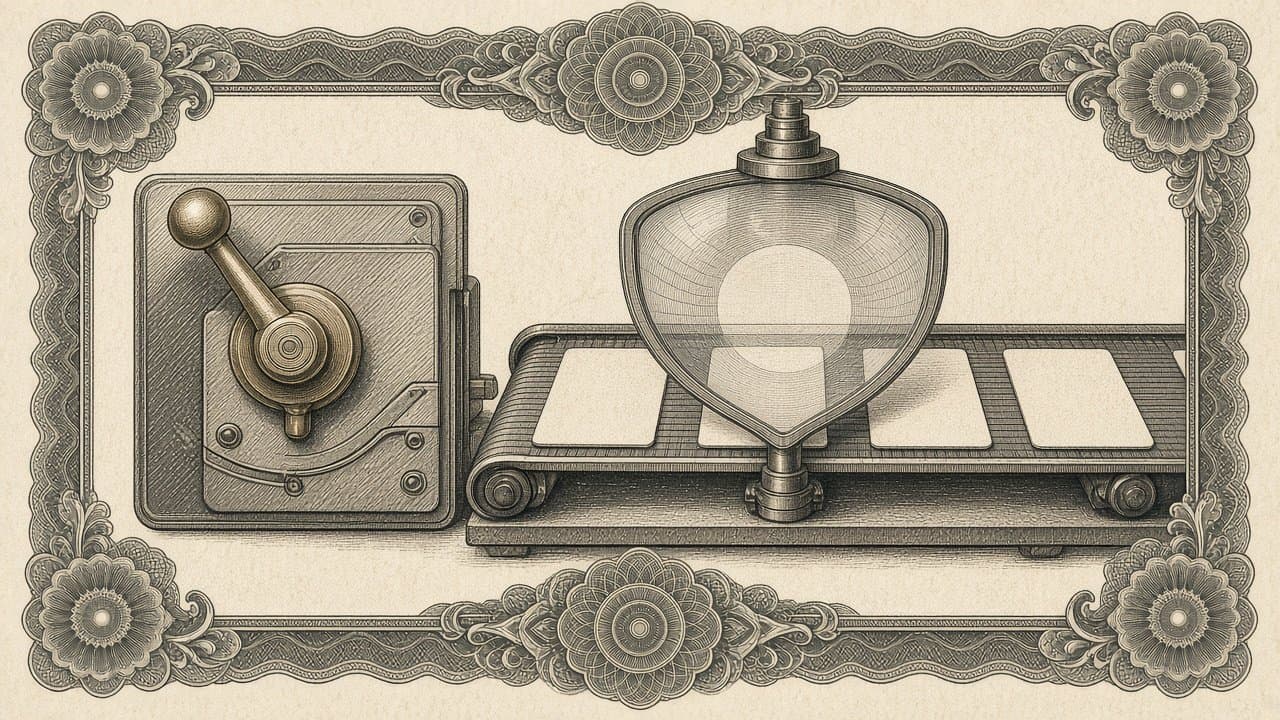 Brass lever switched over beside a conveyor carrying blank task cards one by one under a large translucent shield-shaped inspection lens.