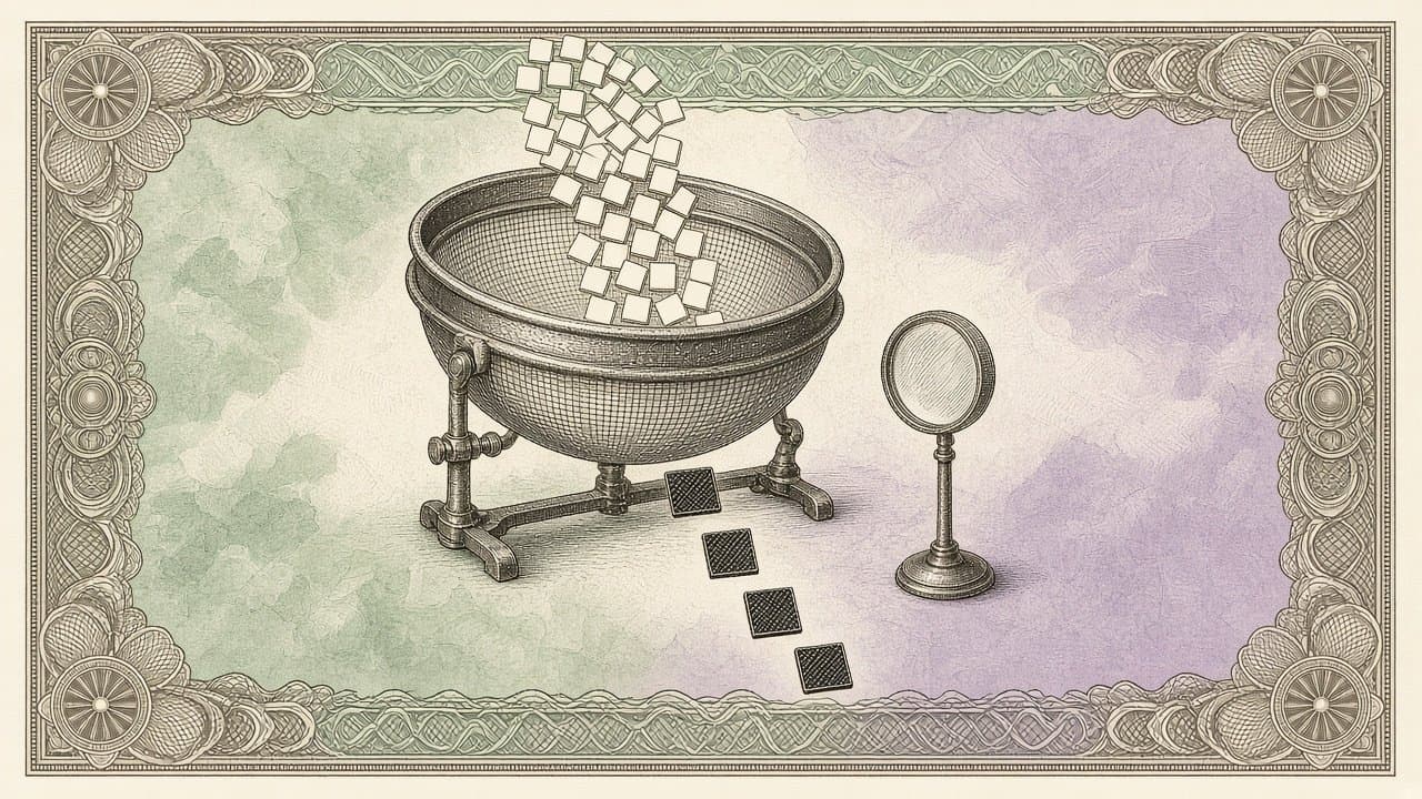 Engraved banknote-style illustration in sage green and violet tints: pale tiles pour into a fine-mesh sieve on an iron stand while a few dark tiles slip through the bottom, past a magnifying lens on a stand.