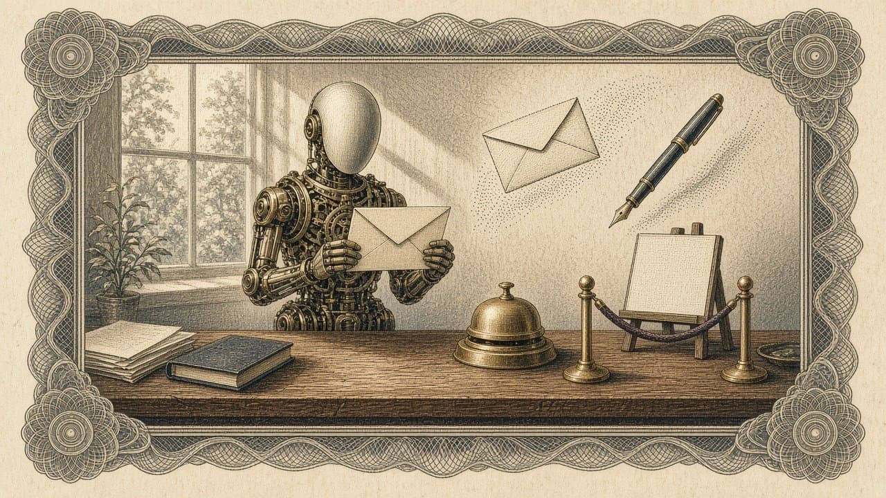 Engraved desk with two chairs, a human hand resting on an approval stamp beside a small agent figure holding a sealed envelope, warm sepia intaglio.