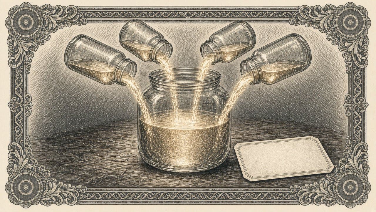 Four small glass jars pour glowing liquid into one large shared jar on a table, a blank card lying beside it.