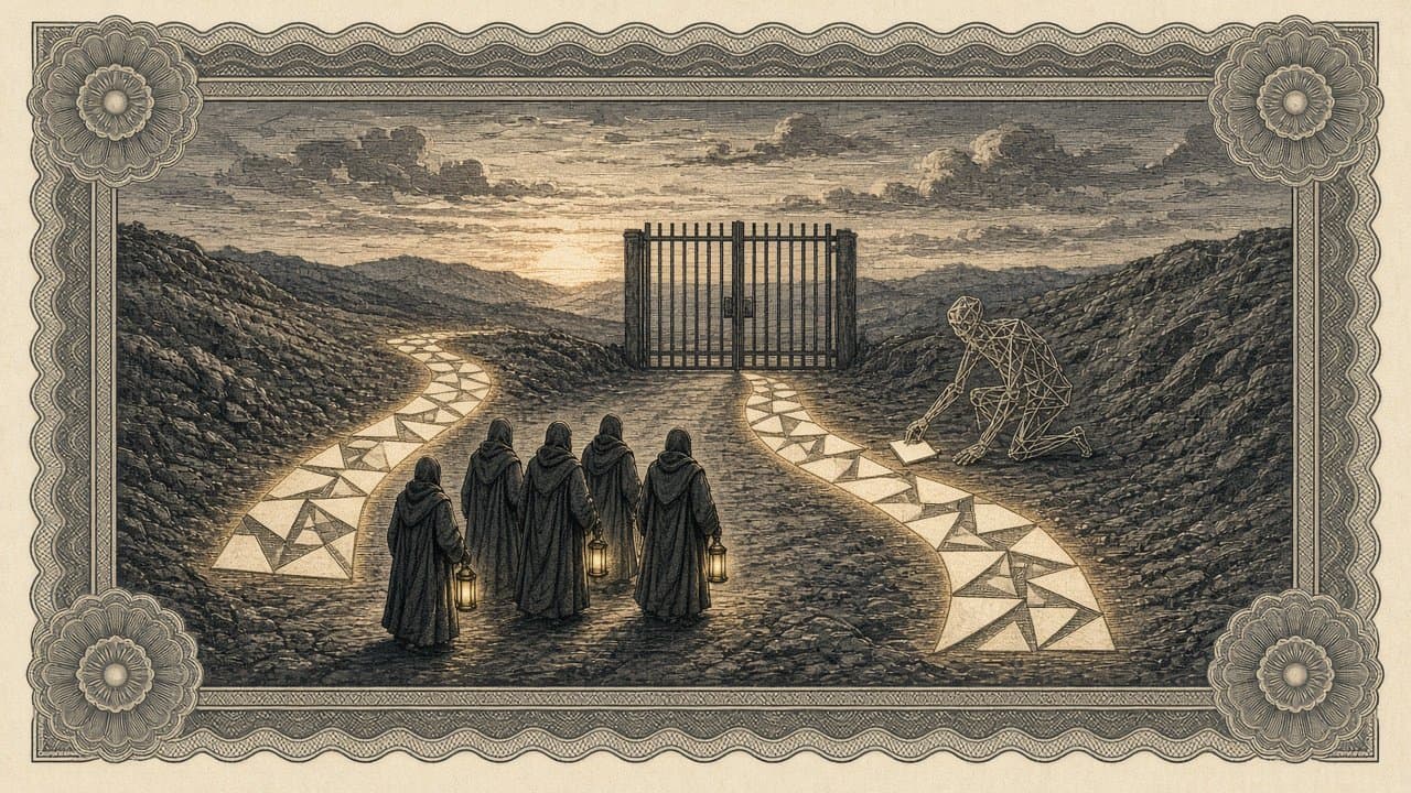 Hooded scholars with lanterns, seen from behind, facing a closed iron gate where two glowing tiled paths meet as a wireframe figure lays a tile.
