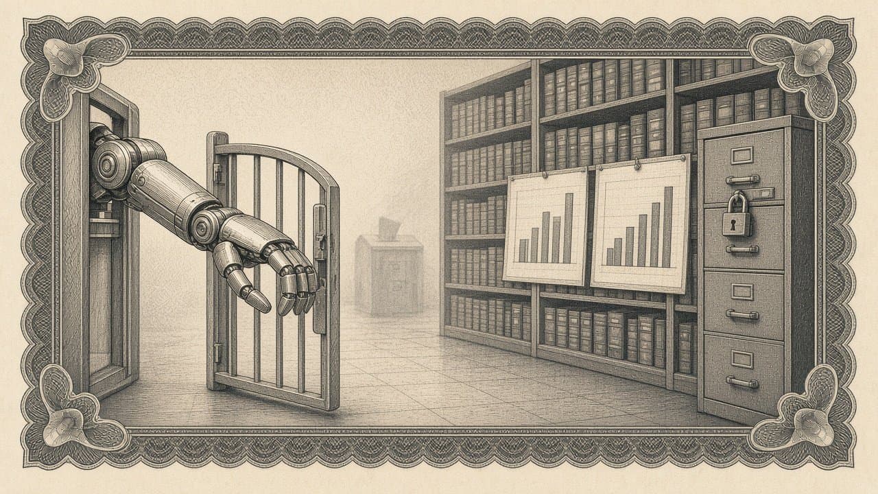 Robot hand reaching through an open gate into a records room of bound ledgers and unlabelled bar charts, while a padlocked filing cabinet stays shut and a ballot box sits faintly in the background.