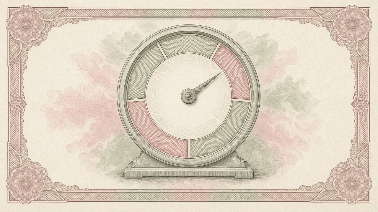 Engraved banknote-style illustration in rose and sage green tints: an unmarked round gauge on a plinth, its blank dial ringed by five tinted segments, with a single needle.
