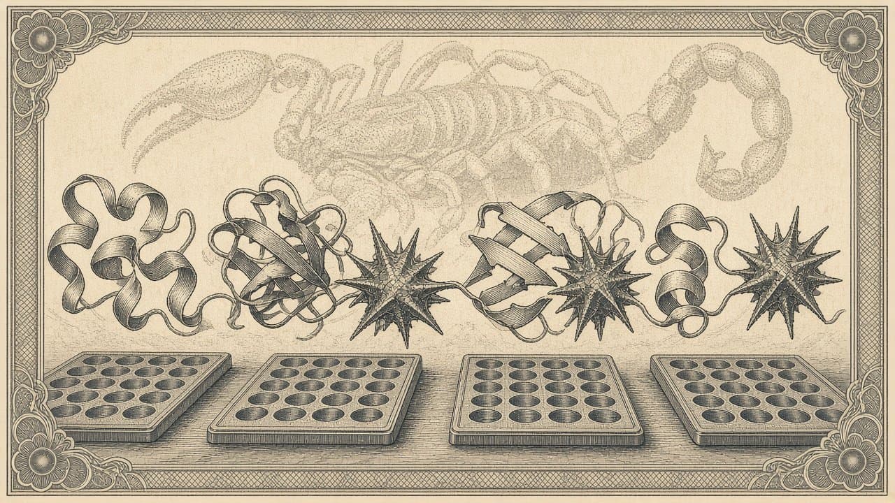 Cover illustration for Anthropic: Internal Claude Model Designed 17 Lab-Confirmed Binders Against Scorpion Neurotoxins; Partner Citrini Is Pitching Life-Sciences Stocks