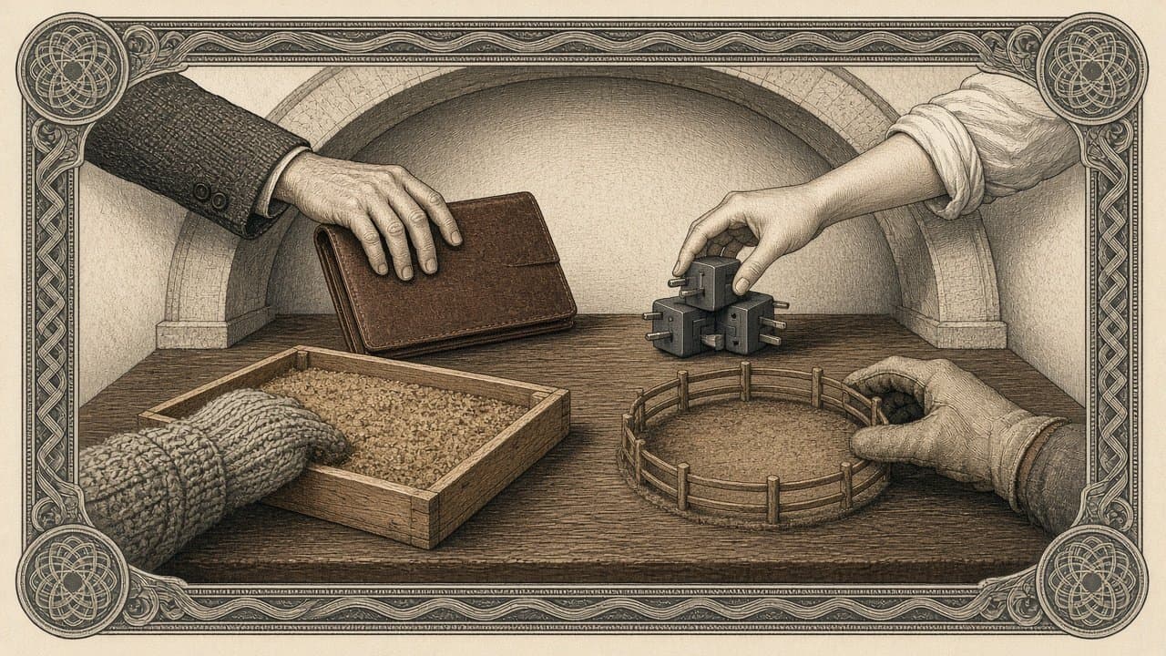 Engraved hands from four sleeves setting a leather folder, a cluster of plug adapters, a sand tray and a small fenced practice ring onto a shared workbench under a plain stone arch, sepia intaglio.