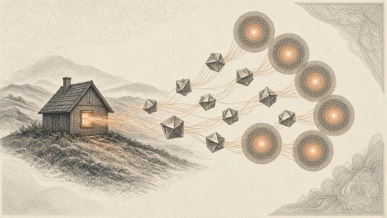 A small lantern-lit cottage linked by threads of light to six larger glowing round nodes, with faceted crystal shapes drifting between them.