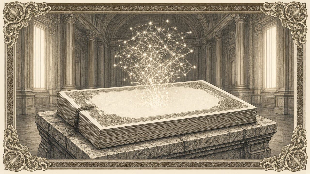 A tall stack of bound documents on a stone plinth in a grand hall, with a glowing lattice of connected nodes rising from the top.
