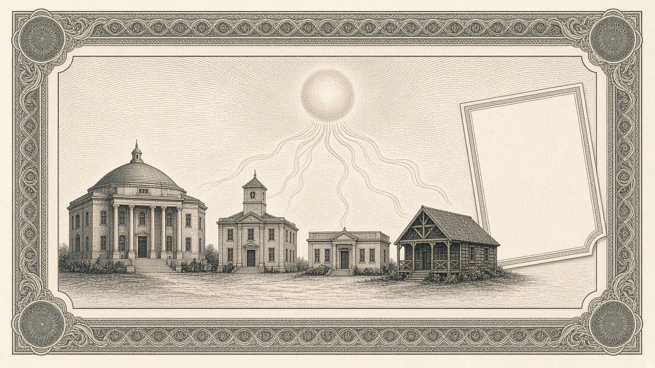 A row of civic buildings linked by threads of light to a shared glowing orb, with a blank ticket with a clipped corner floating nearby.