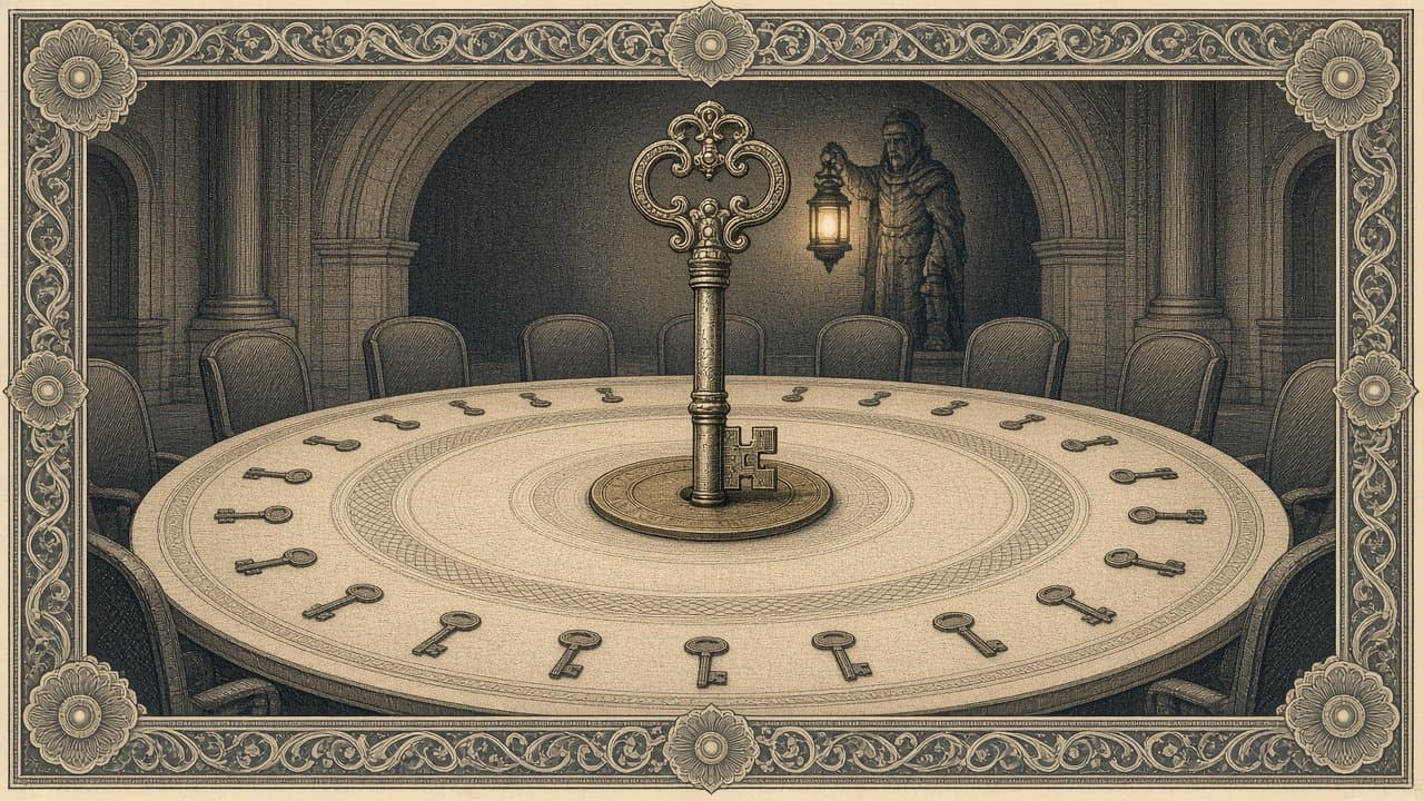 A round council table with empty chairs, one oversized ornate key standing in a lock at its centre, smaller keys along the edge, and a lantern-lit guardian statue in an alcove behind.
