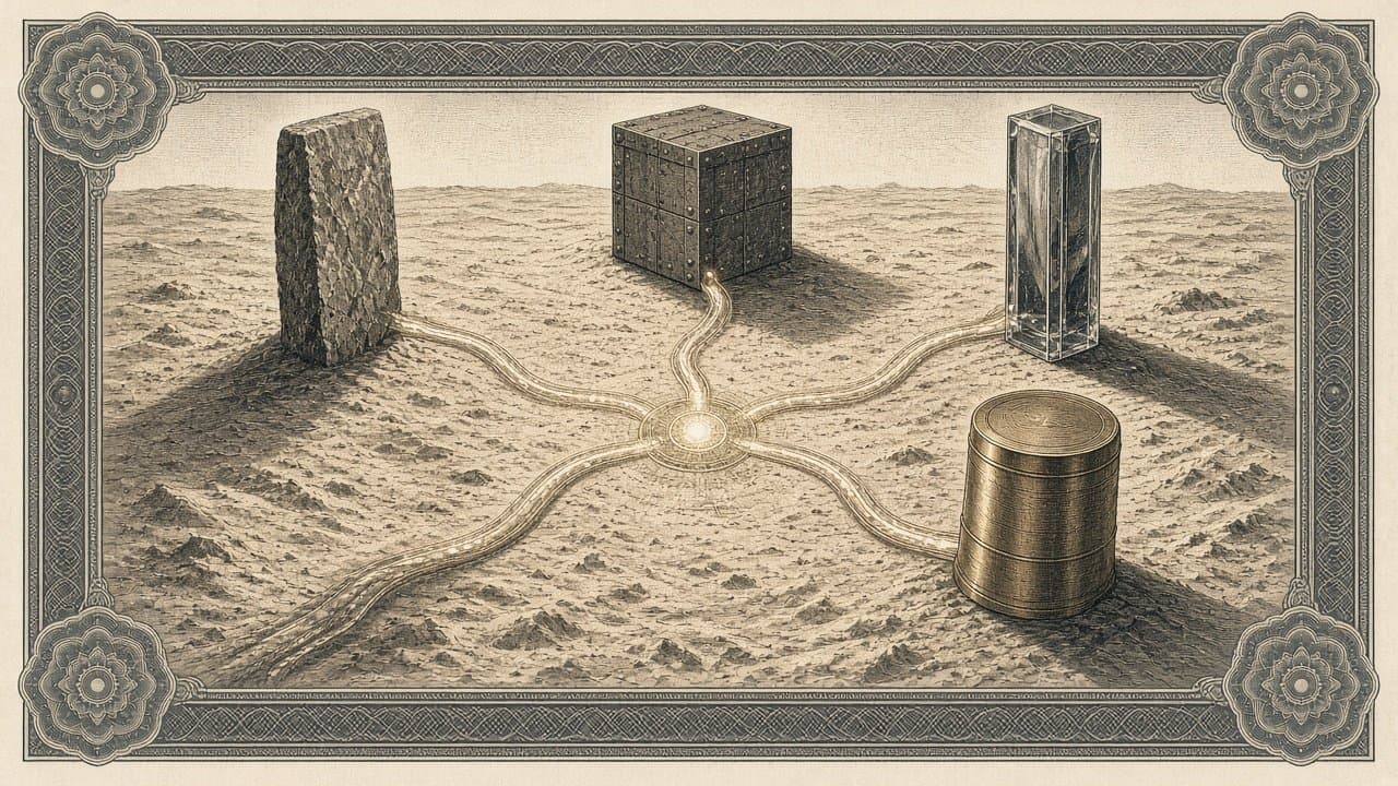 Four differently built monoliths of stone, iron, glass and brass on a desert plain, joined by glowing cables to a luminous central core.