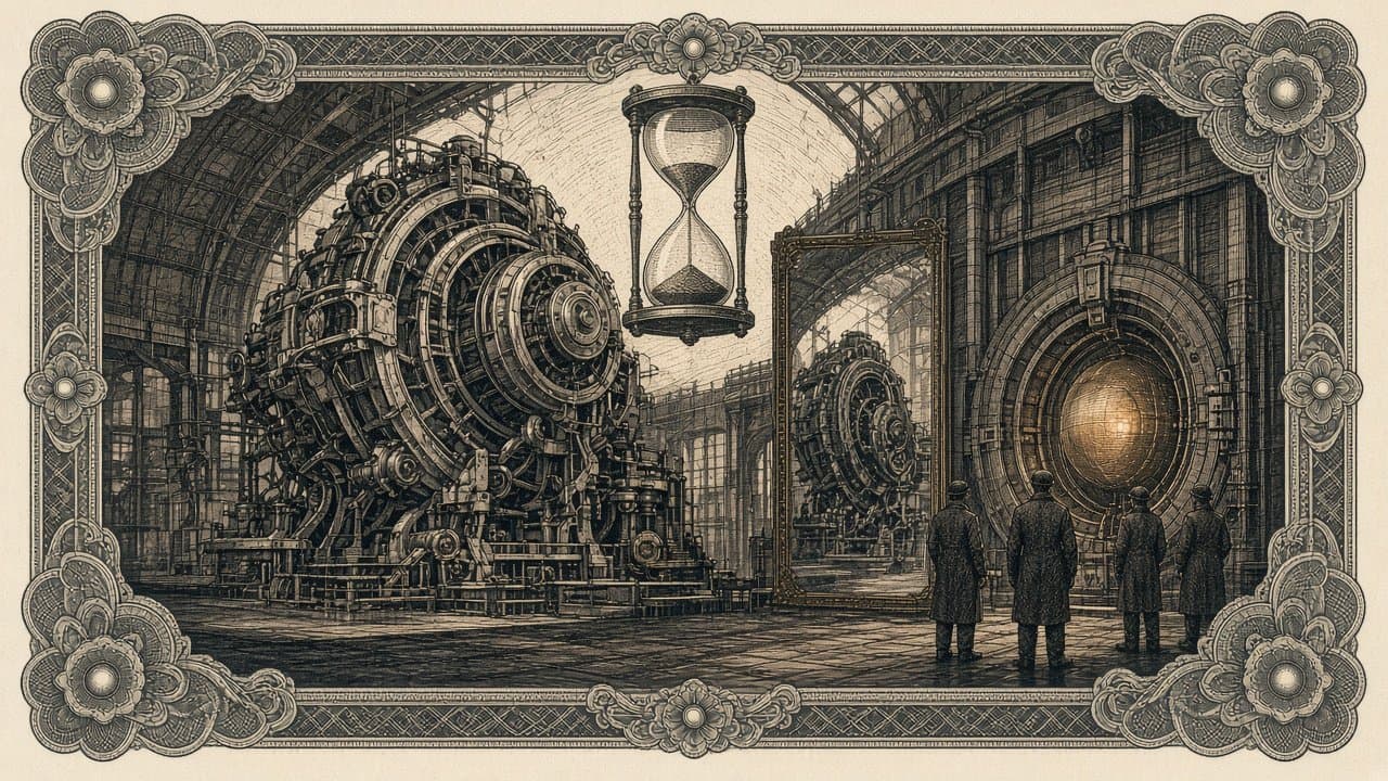 A half-assembled machine in a hangar beneath a large hourglass, with workers seen from behind near a vault door around a glowing sphere, and a wall mirror reflecting the machine.