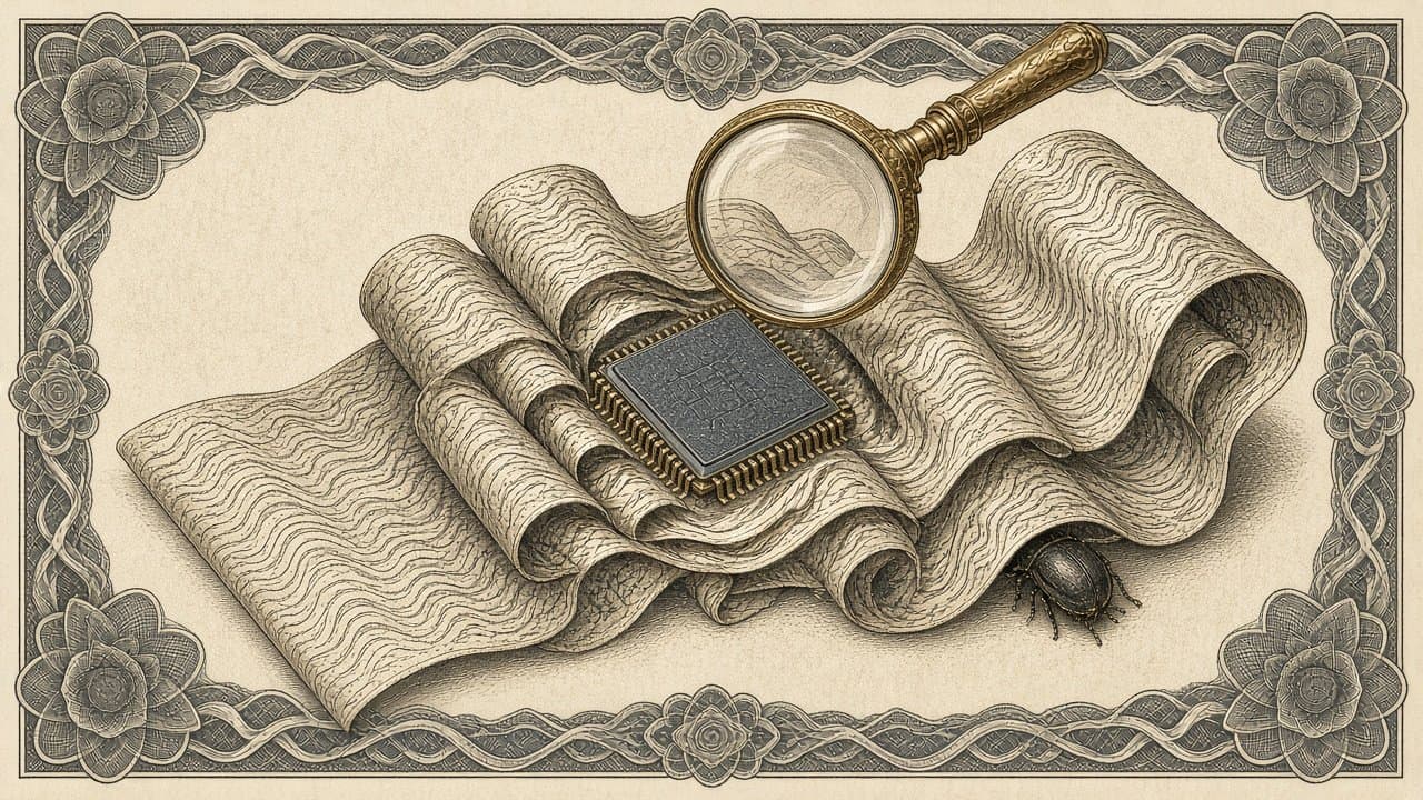 Engraved proof scroll folded around a silicon chip under a brass magnifying glass, with a beetle tucked beneath the paper, sepia intaglio.