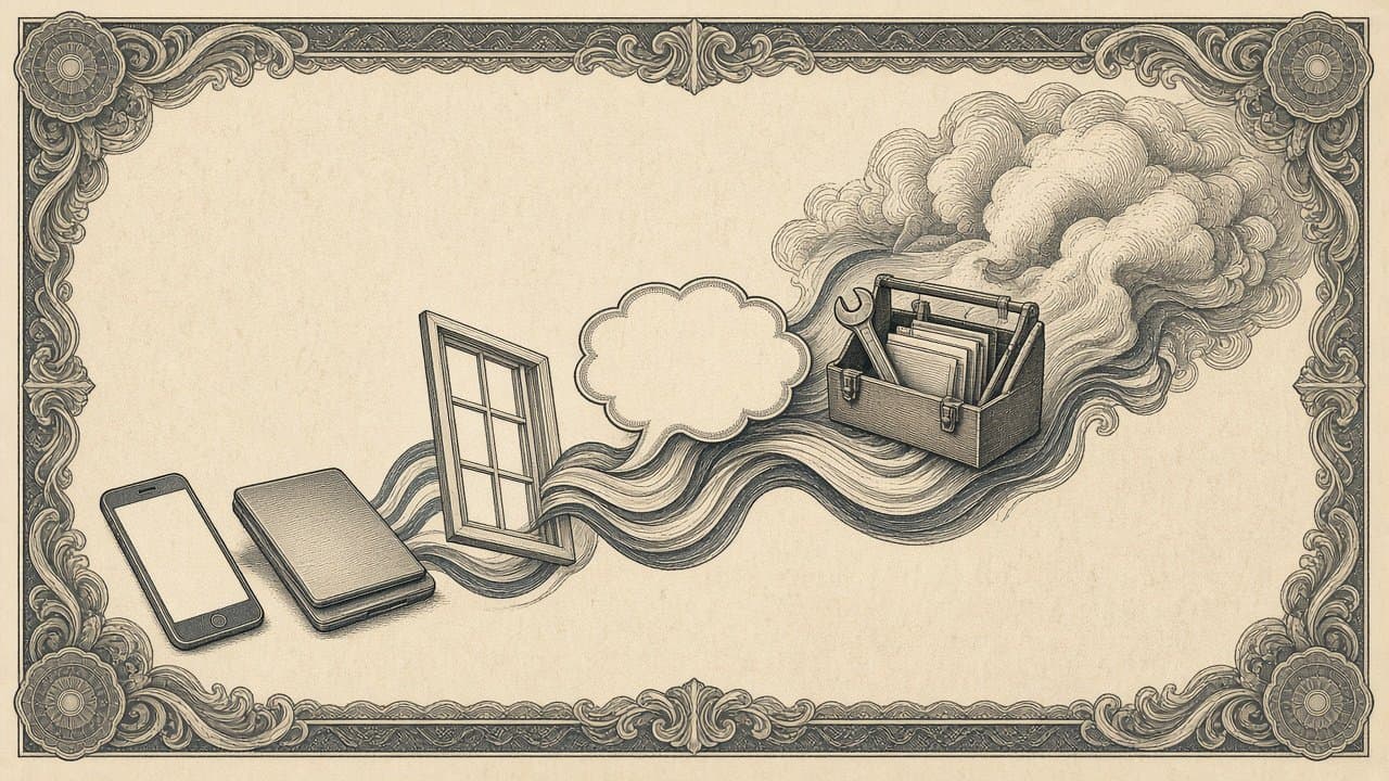 Phone, laptop and window frame releasing ribbons that merge into one stream carrying a blank speech bubble and a toolbox of folders into a soft cloud.
