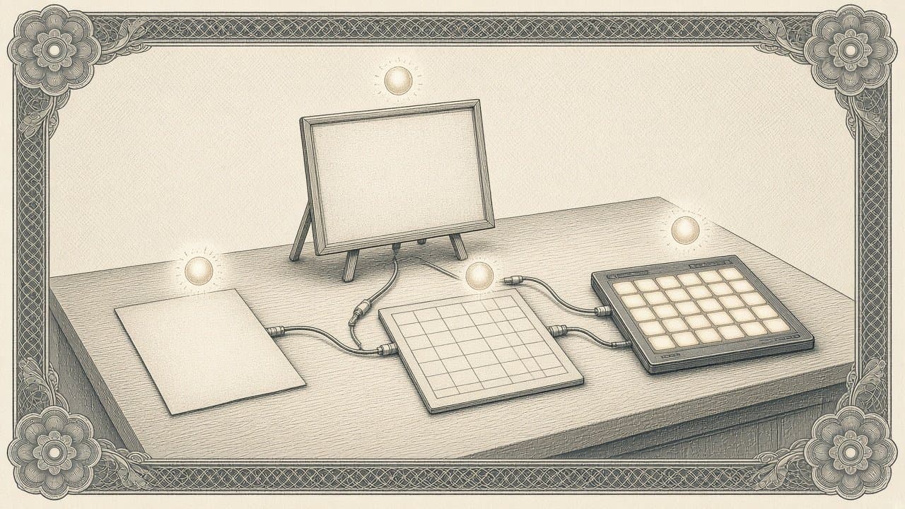A desk holding a blank page, a blank slide on an easel, a blank grid sheet and a music pad, each with a small glowing orb above it and joined by plug-in cables.