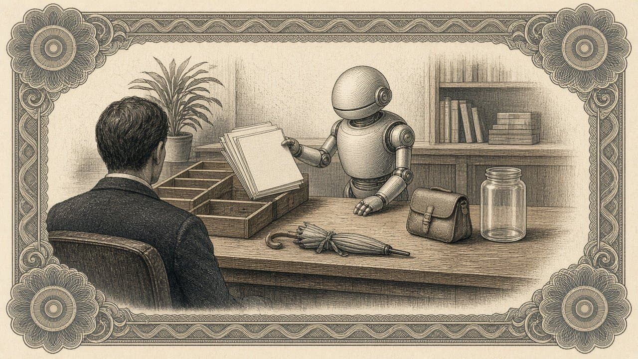 A small robot helper sorting blank folders and small objects into wooden trays on an office desk, while a worker seen from behind looks on.