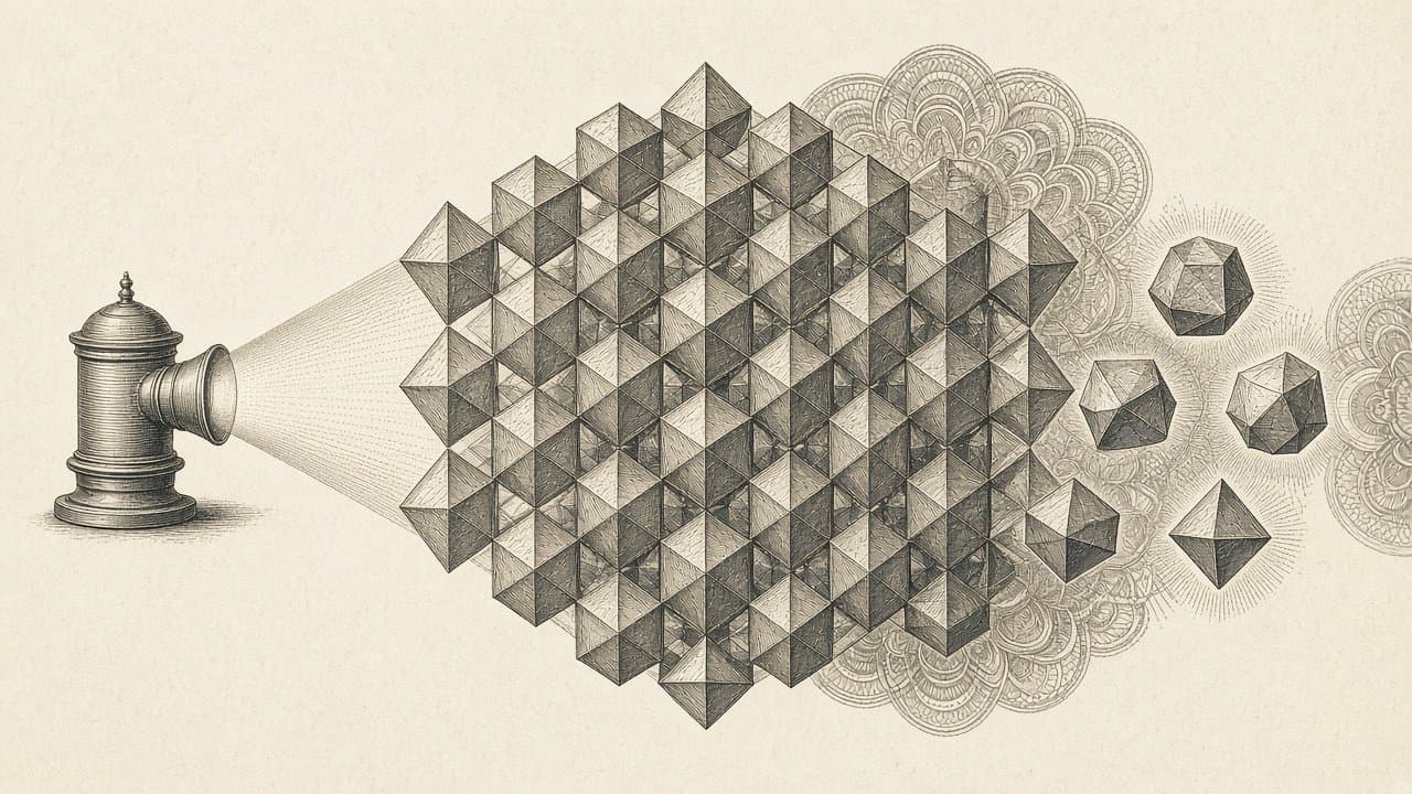 A vast lattice of interlocking crystal polyhedra scanned by a beam of light from a lamp, with a few pieces set apart to one side.