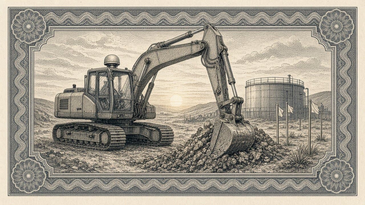 An autonomous excavator with a sensor dome digging at a dusty site at sunrise, with survey stakes and a water-treatment tank behind.
