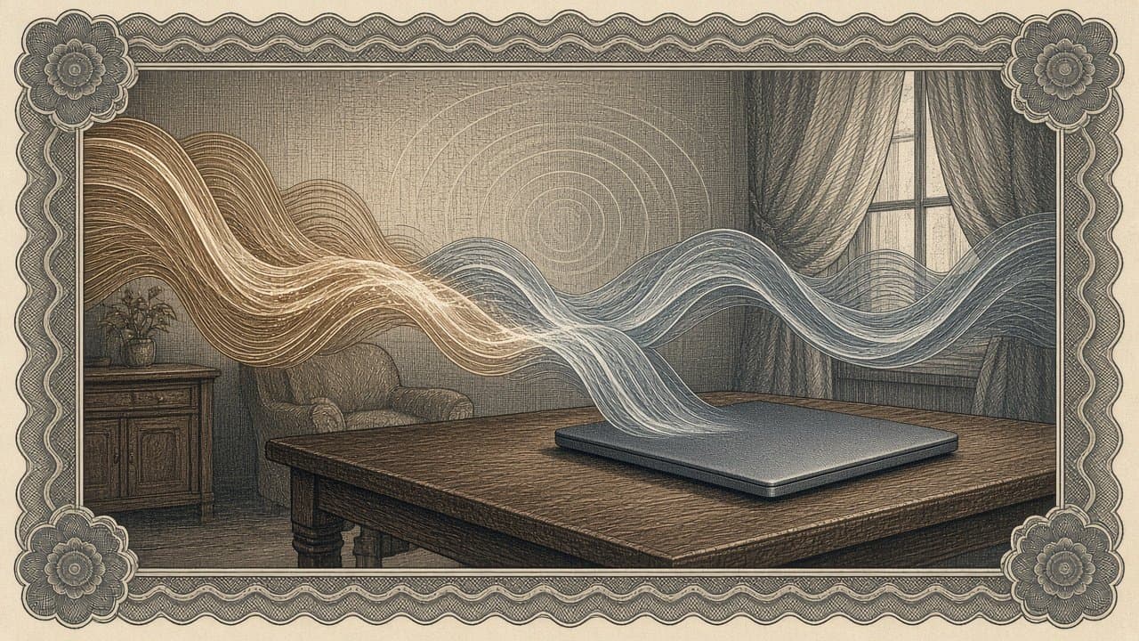 A warm sound wave and a cool one braiding across a quiet room, the cool wave rising from a closed laptop on a wooden table, faint ripples drifting above.