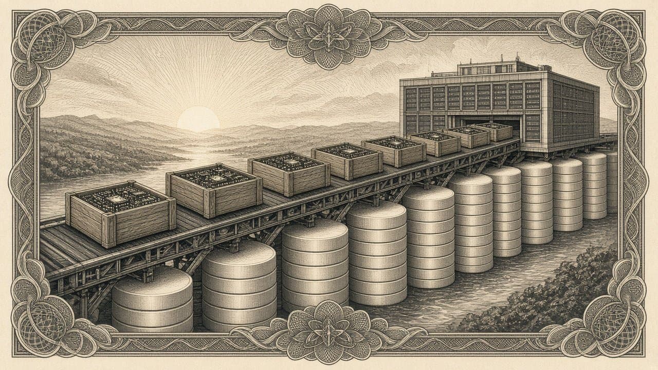 A conveyor of crates of glowing chips crossing a bridge of stacked plain coins toward a data centre at dawn.
