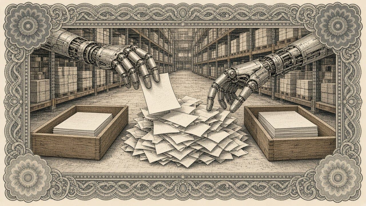 Two robotic hands in a warehouse aisle sort blank paper receipts from a loose pile into two wooden trays.