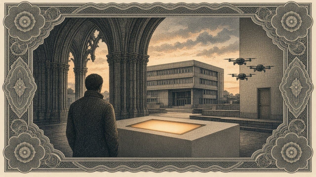 A generic office building at dusk seen through Gothic arches, with small drones near closed doors and an inspector seen from behind reviewing a softly glowing amber console.