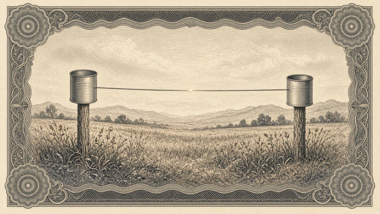 Two tin cans on wooden posts in a meadow are joined by a taut string, a small glowing bead travelling along it.