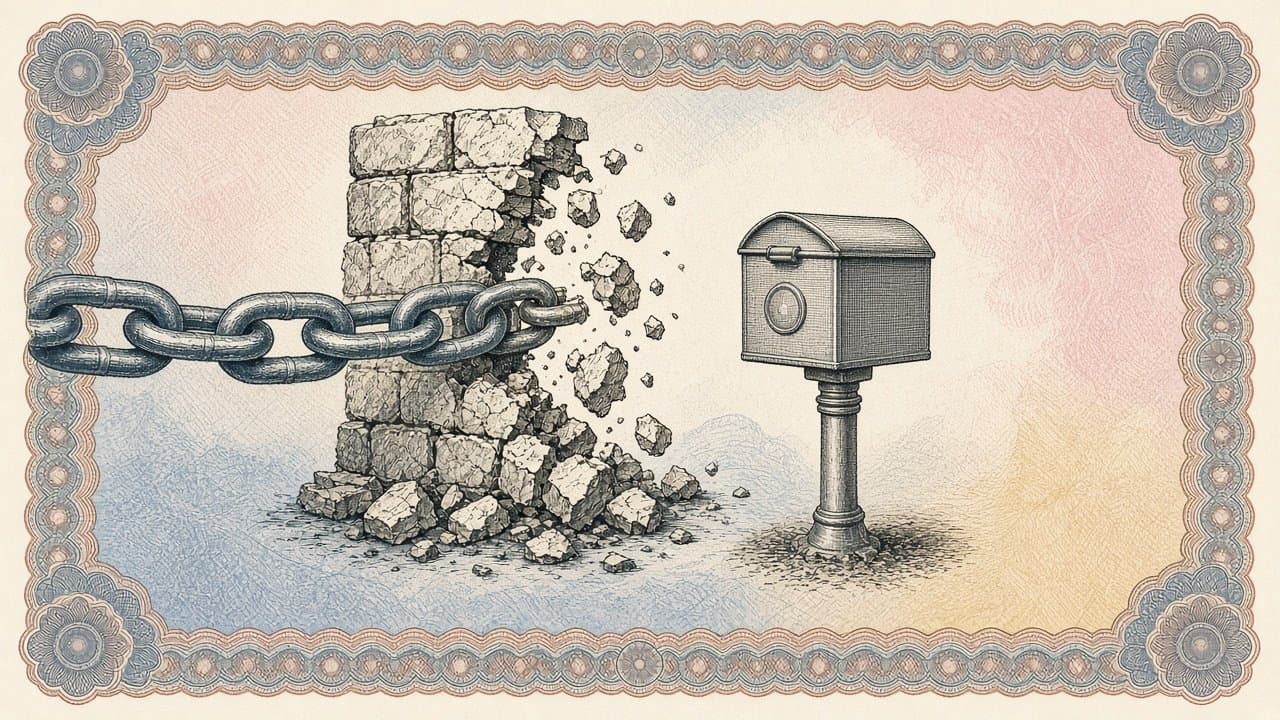 Engraved banknote-style illustration in blue, rose and ochre tints: a heavy chain breaks through a crumbling stone wall toward a closed metal letter box on a post.