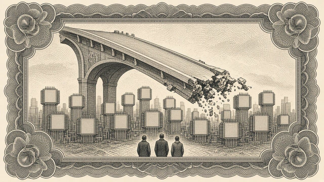 A stone bridge breaking and falling over a skyline of chip-shaped towers, with small figures seen from behind looking up.