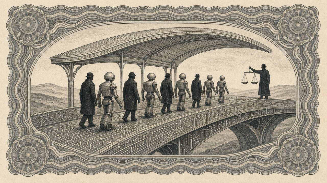 Silhouetted workers walking alongside robots across a circuit-trace bridge under a long canopy, watched by a figure holding a balance scale.