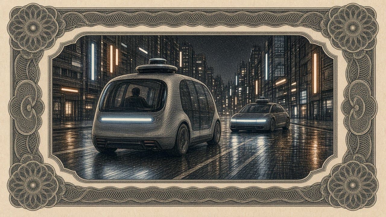 A driverless robotaxi with a silhouetted passenger gliding down a neon-lit city street at night, with a second autonomous car waiting at a junction.