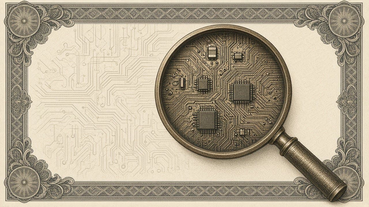 A brass magnifying glass enlarges the copper traces and chips of a circuit board.