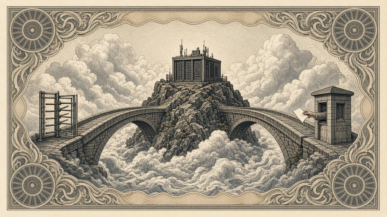 Engraved server building on a rock above the clouds, reached by two stone bridges, one through a turnstile and one past a toll booth handing out a single invoice, sepia intaglio.