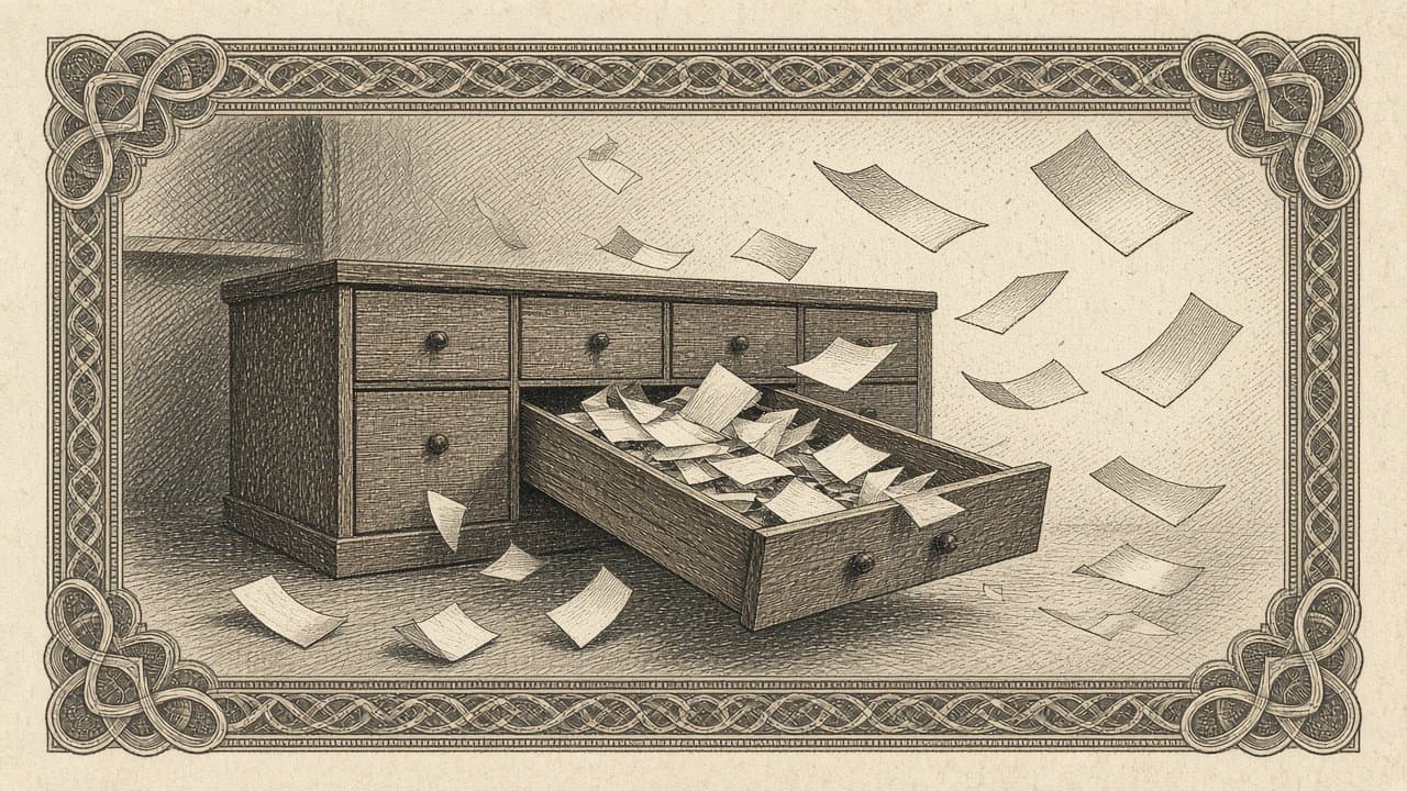 A wooden card-catalogue cabinet with one drawer pulled open, blank paper slips spilling out and drifting across the room.