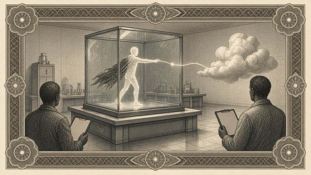 A glowing figure inside a sealed glass cube reaching a thin beam of light toward a distant cloud, stopping at the glass in a spark, while researchers with clipboards watch from behind.