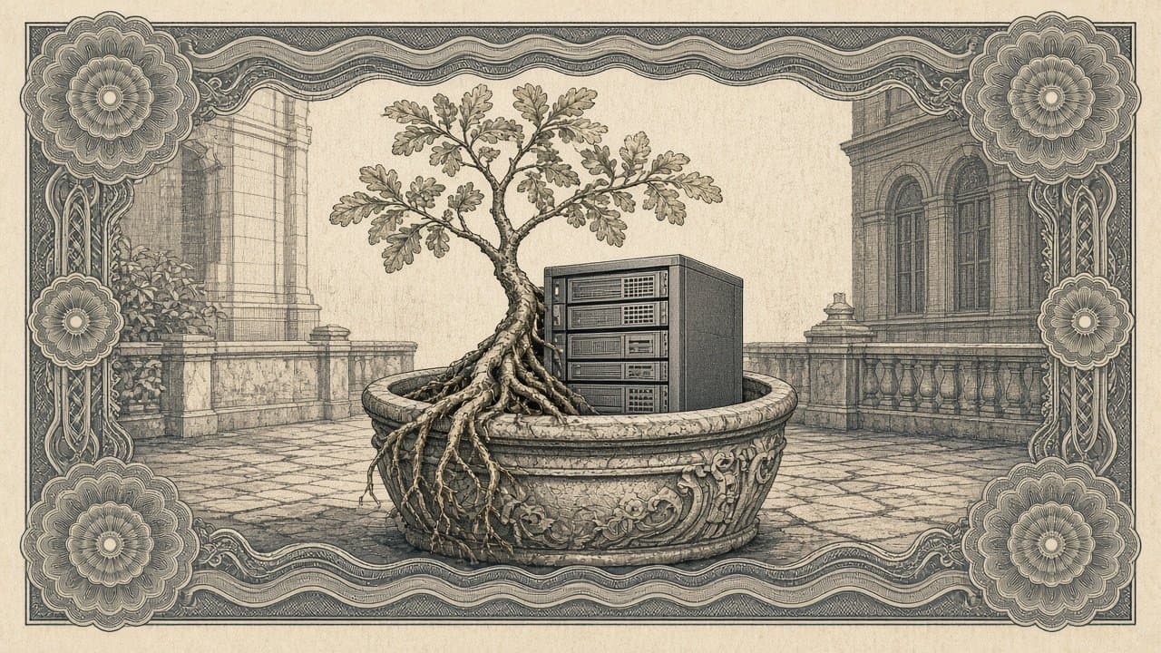 A young oak sapling grows in a carved stone planter in a courtyard, its roots winding around a server rack set beside it.