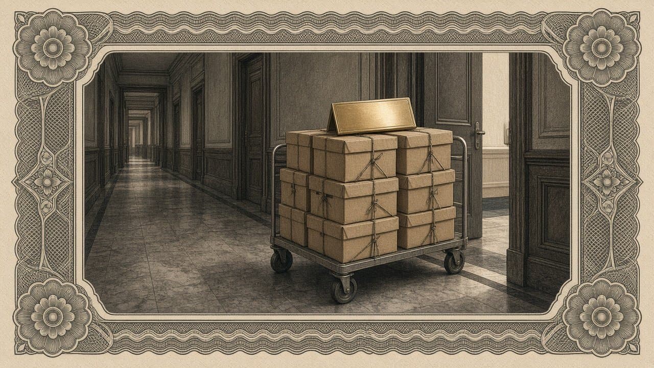 A cart stacked with string-tied file boxes and a blank brass nameplate waits by an open doorway in a long panelled hallway.